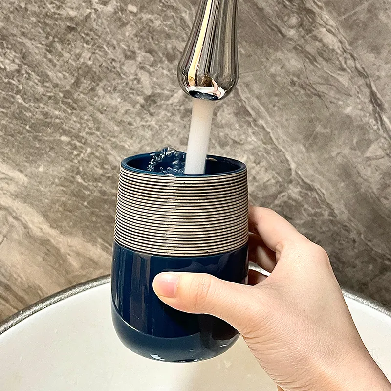 Ceramic Bathroom Accessory Set Bulk - 4-Piece Navy Blue Textured Bath Set Supplier - Image 6