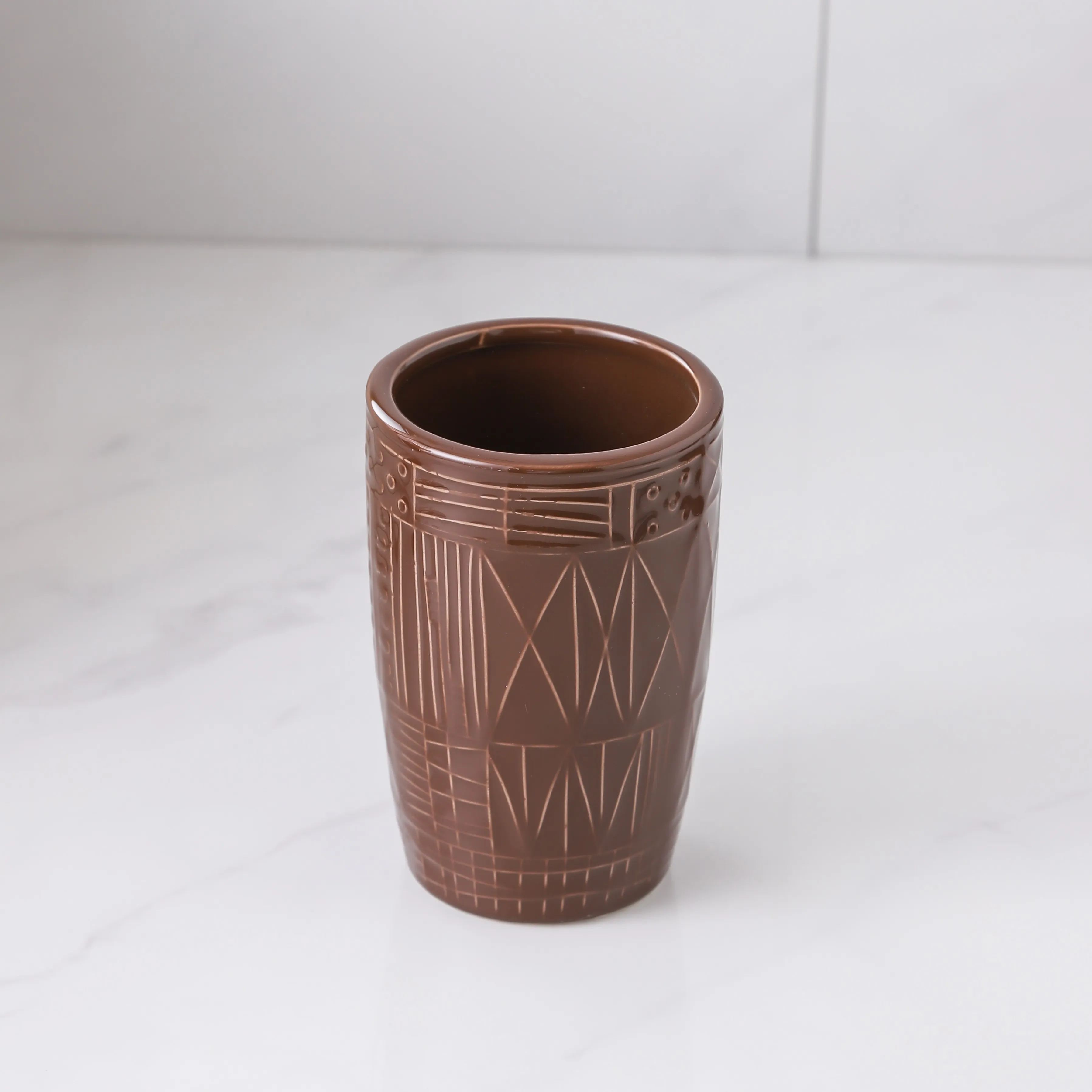 Bathroom Cup Wholesale Brown Geometric Ceramic Tumbler Cup OEM Supplier (1)