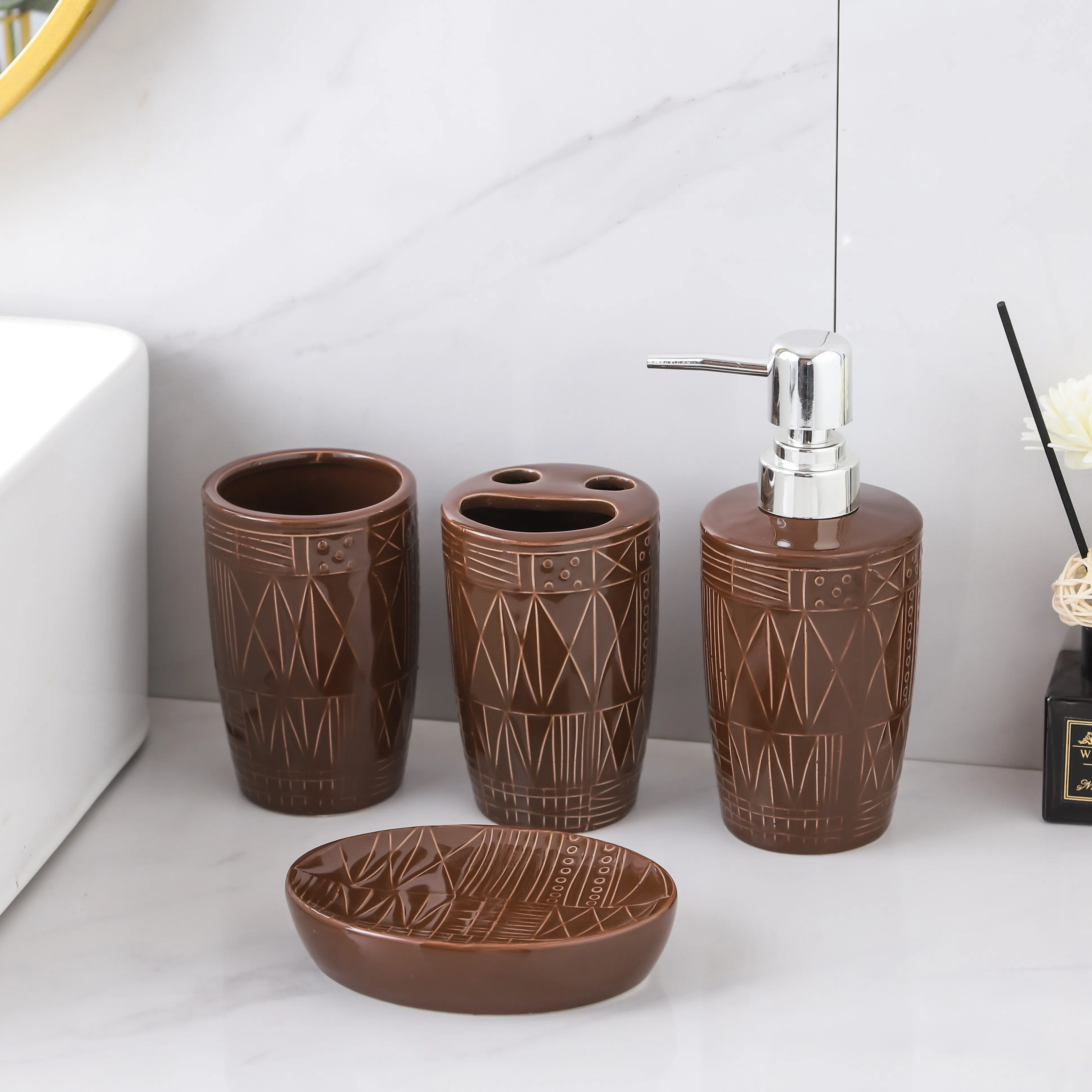 Bathroom Cup Wholesale Brown Geometric Ceramic Tumbler Cup OEM Supplier (3)