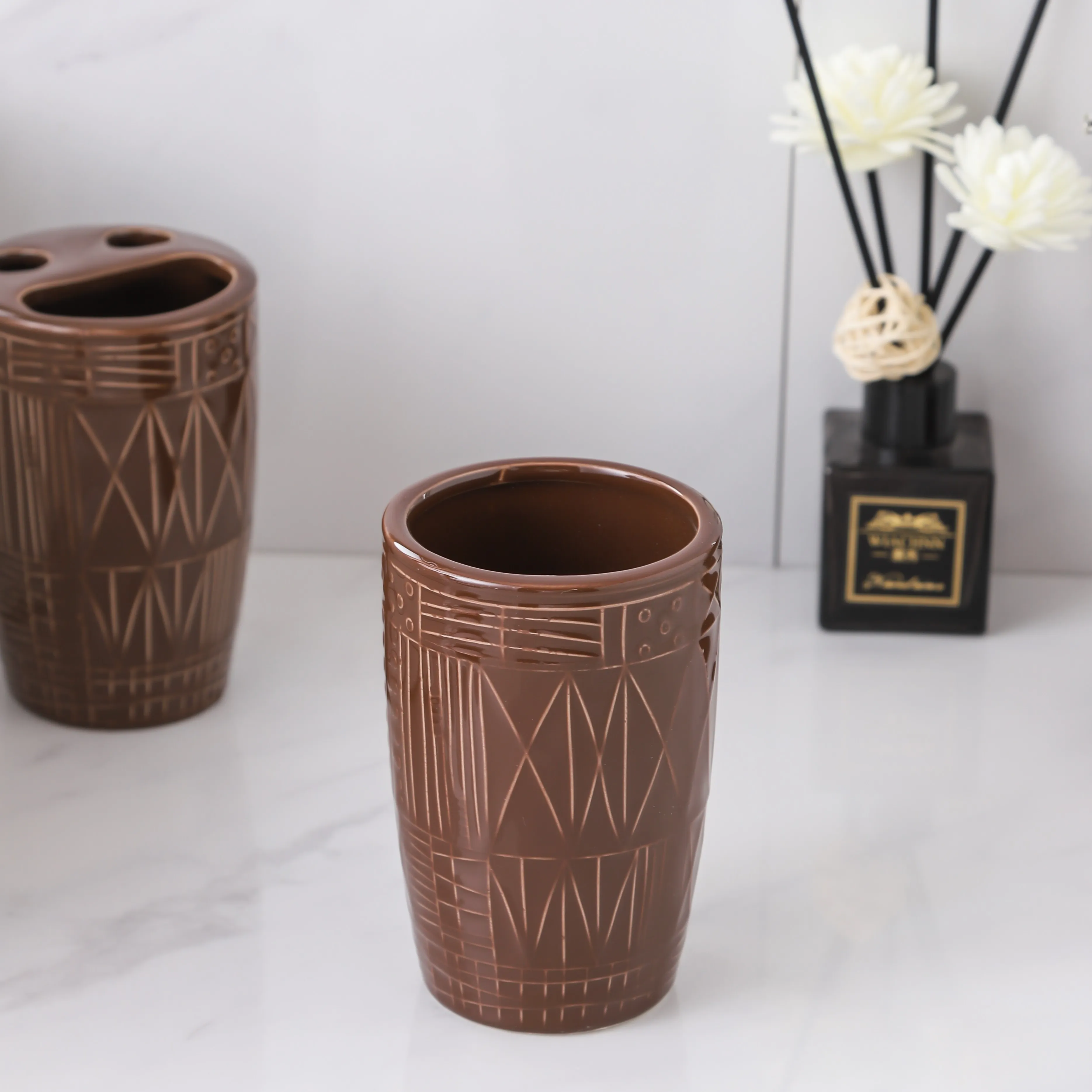 Bathroom Cup Wholesale Brown Geometric Ceramic Tumbler Cup OEM Supplier (4)