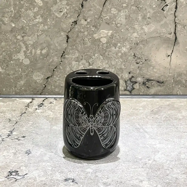 Black Toothbrush Holder Bulk, Glossy Ceramic with Silver Butterfly (1)