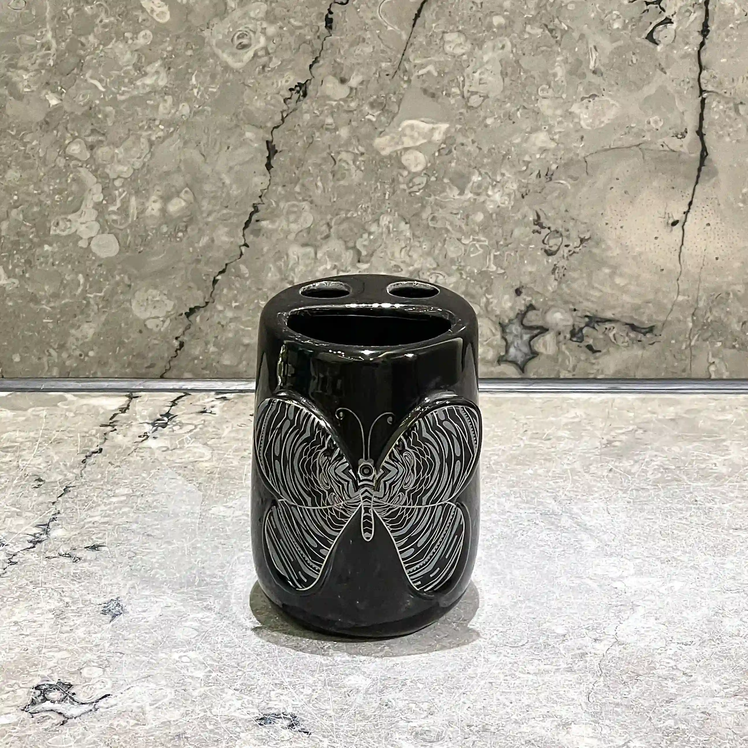Black Toothbrush Holder Bulk, Glossy Ceramic with Silver Butterfly (1)