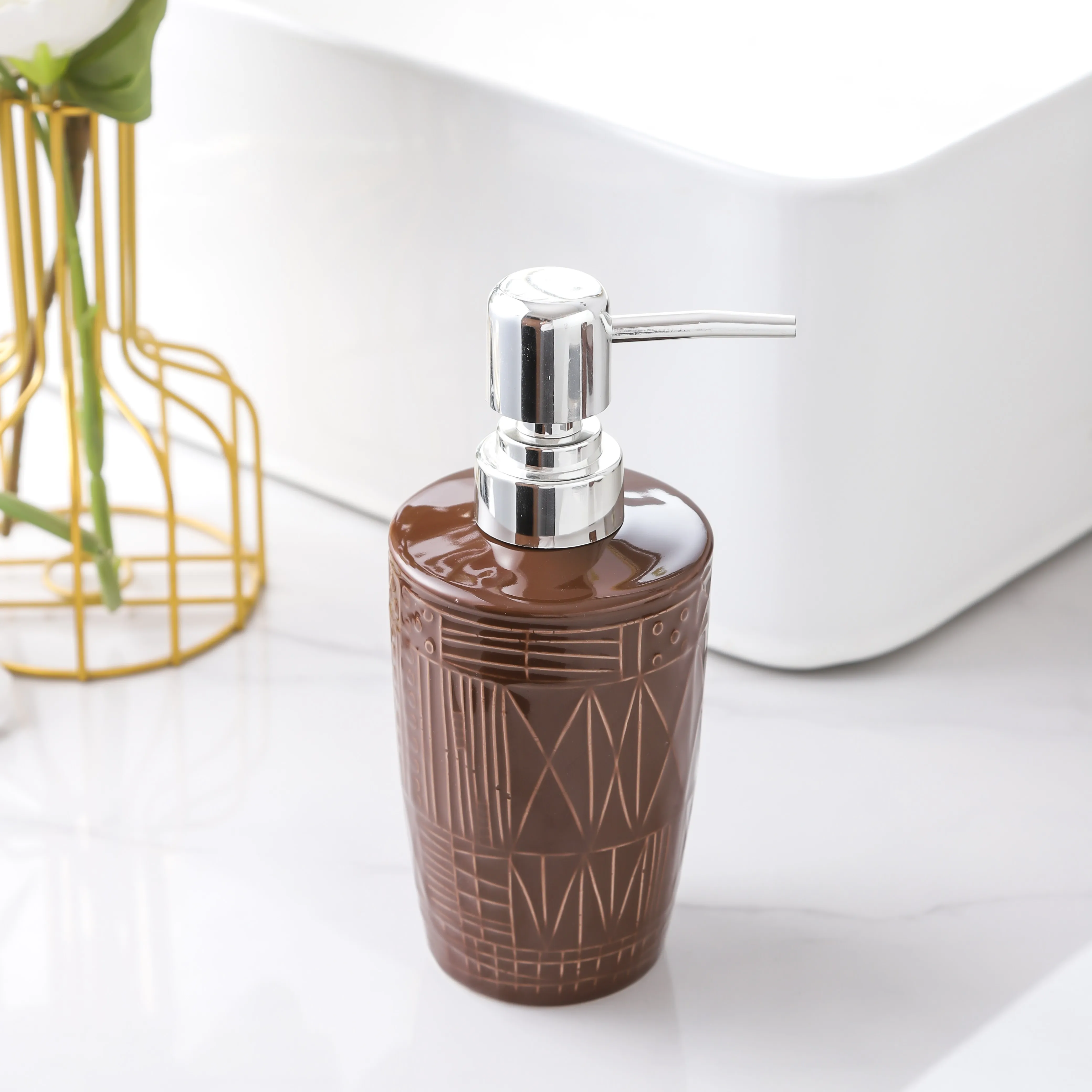 Custom Soap Dispenser Bottle, Brown Ceramic Lotion Dispenser Bulk (1)