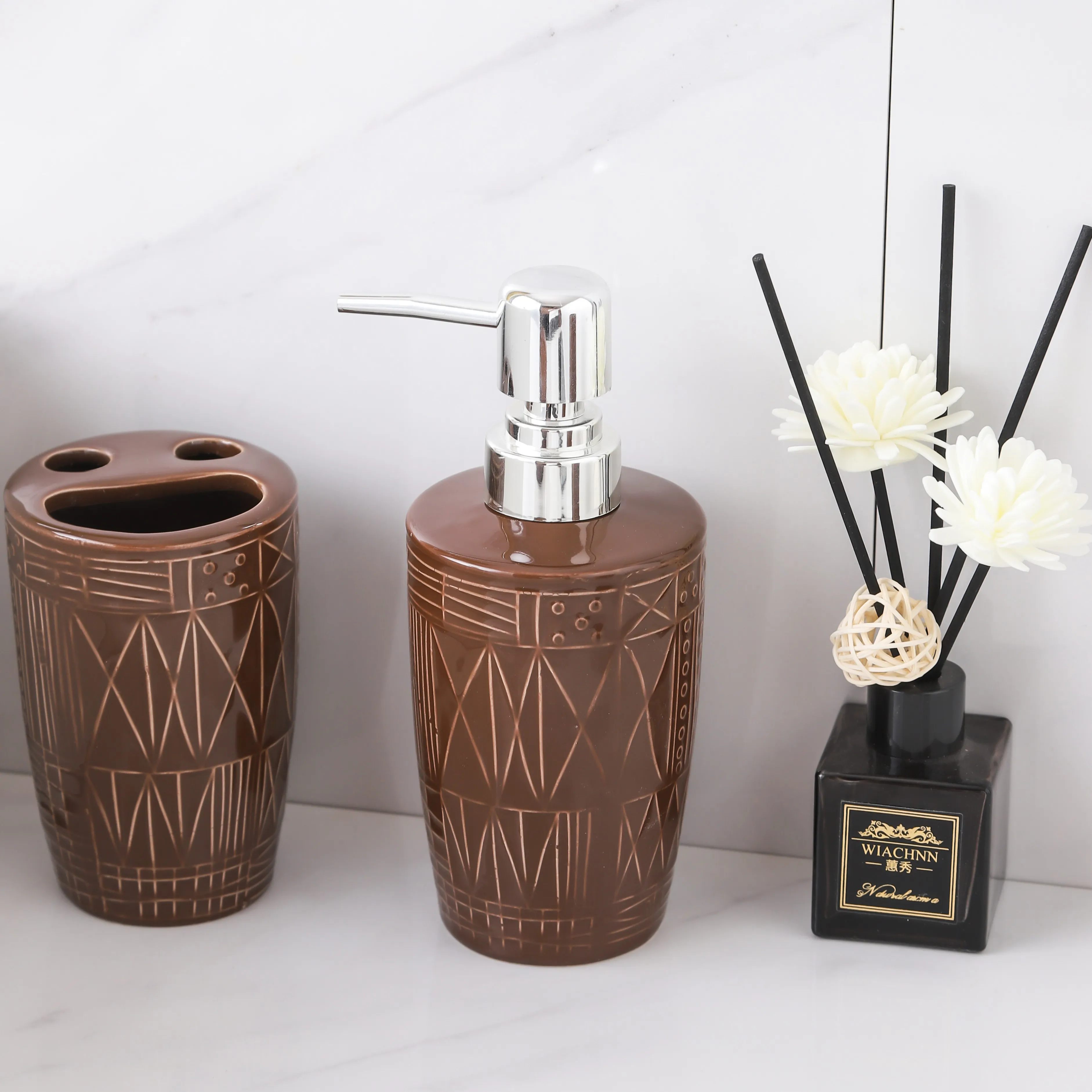Custom Soap Dispenser Bottle, Brown Ceramic Lotion Dispenser Bulk (4)