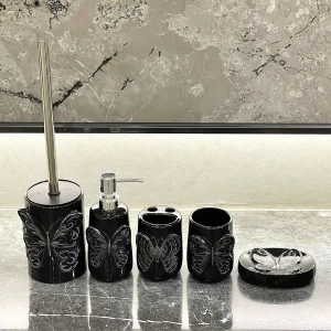 Customize Black Bathroom Set Supply 5-Piece with Butterfly Design (1)