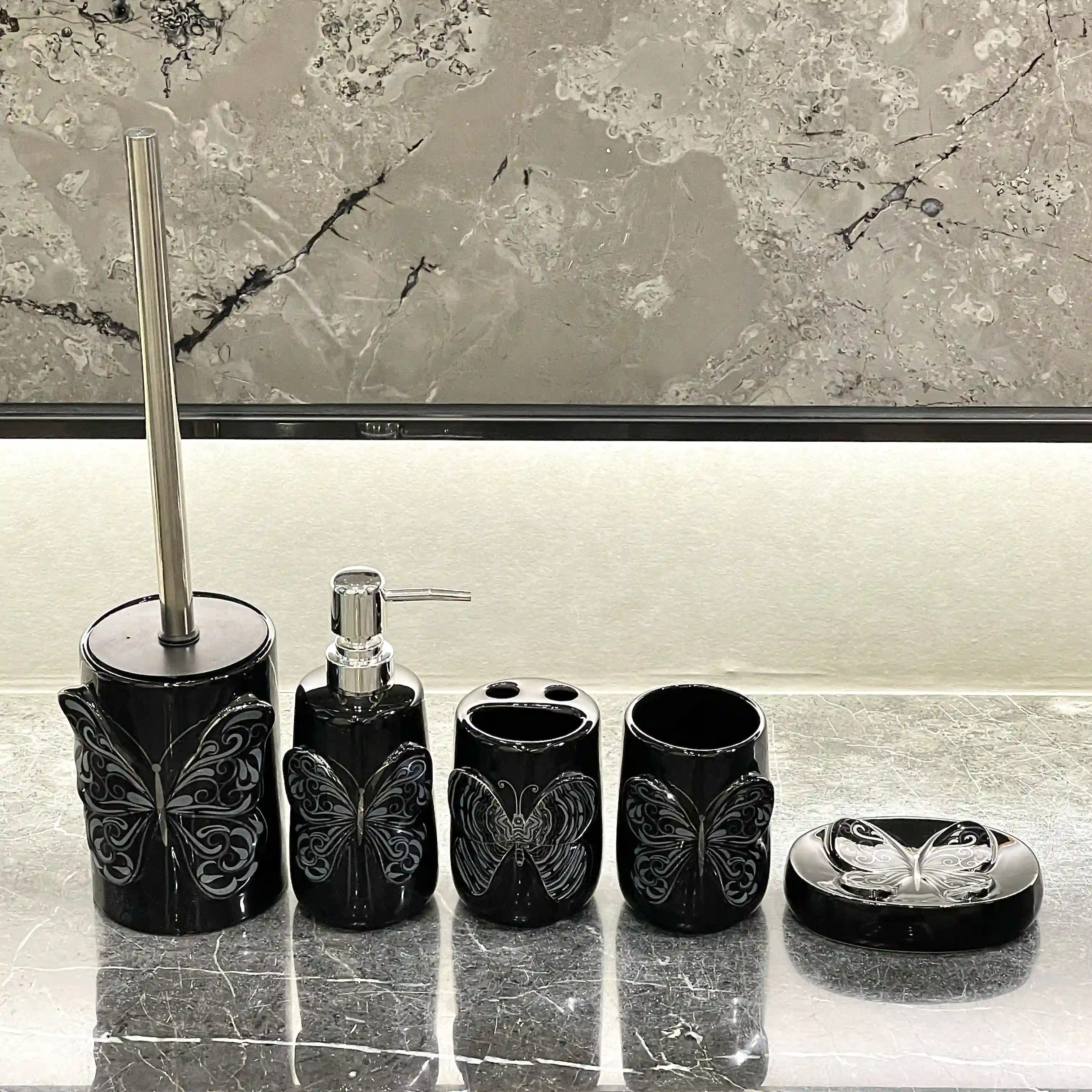 Customize Black Bathroom Set Supply 5-Piece with Butterfly Design (1)