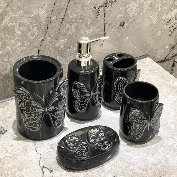Customize Black Bathroom Set Supply 5-Piece with Butterfly Design (5)