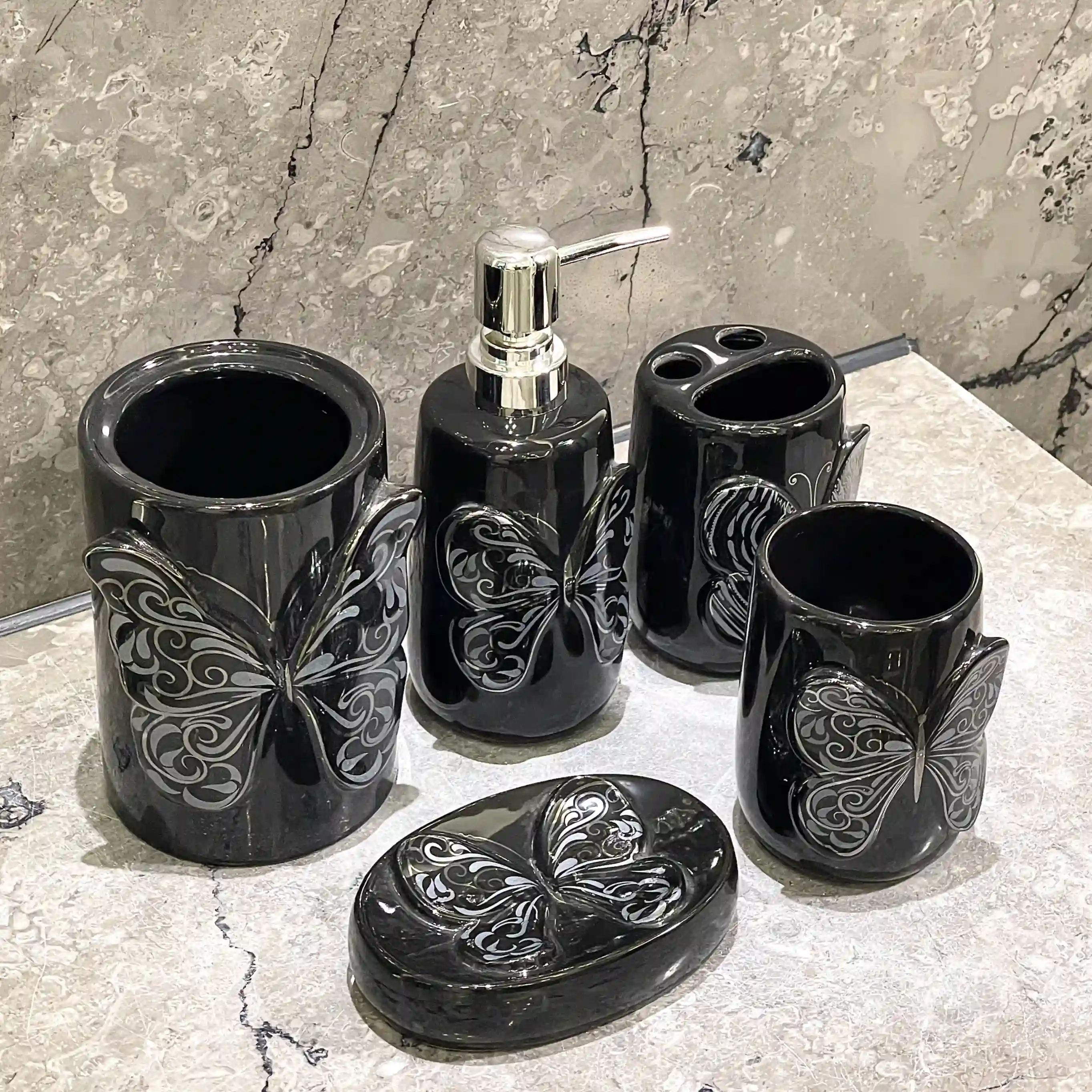 Customize Black Bathroom Set Supply 5-Piece with Butterfly Design (5)