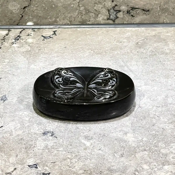 Wholesale Soap Dish Black Ceramic Holder with Silver Butterfly Design (2)