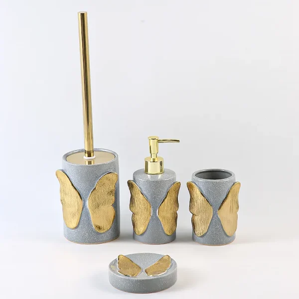 Toilet Brush Holder Wholesale Grey Ceramic Toilet Bowl Brush Set with Gold Butterfly (1)