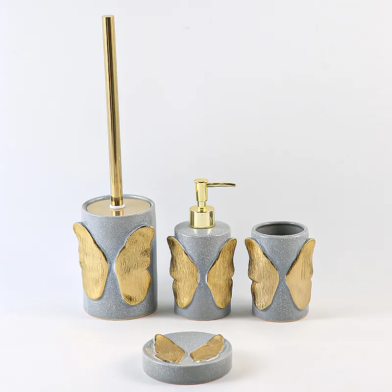 Toilet Brush Holder Wholesale Grey Ceramic Toilet Bowl Brush Set with Gold Butterfly (1)