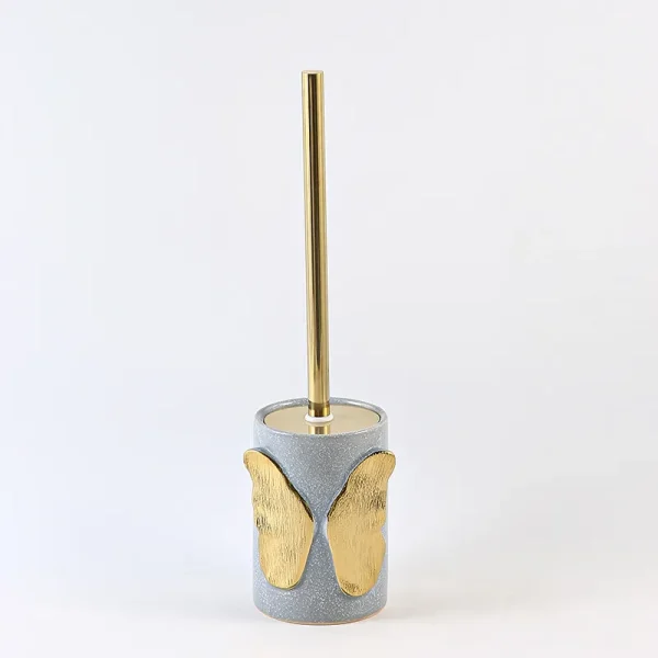 Toilet Brush Holder Wholesale Grey Ceramic Toilet Bowl Brush Set with Gold Butterfly (2)
