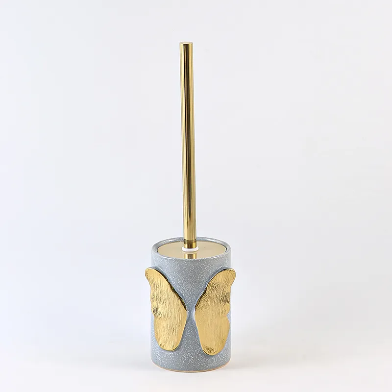 Toilet Brush Holder Wholesale Grey Ceramic Toilet Bowl Brush Set with Gold Butterfly (2)