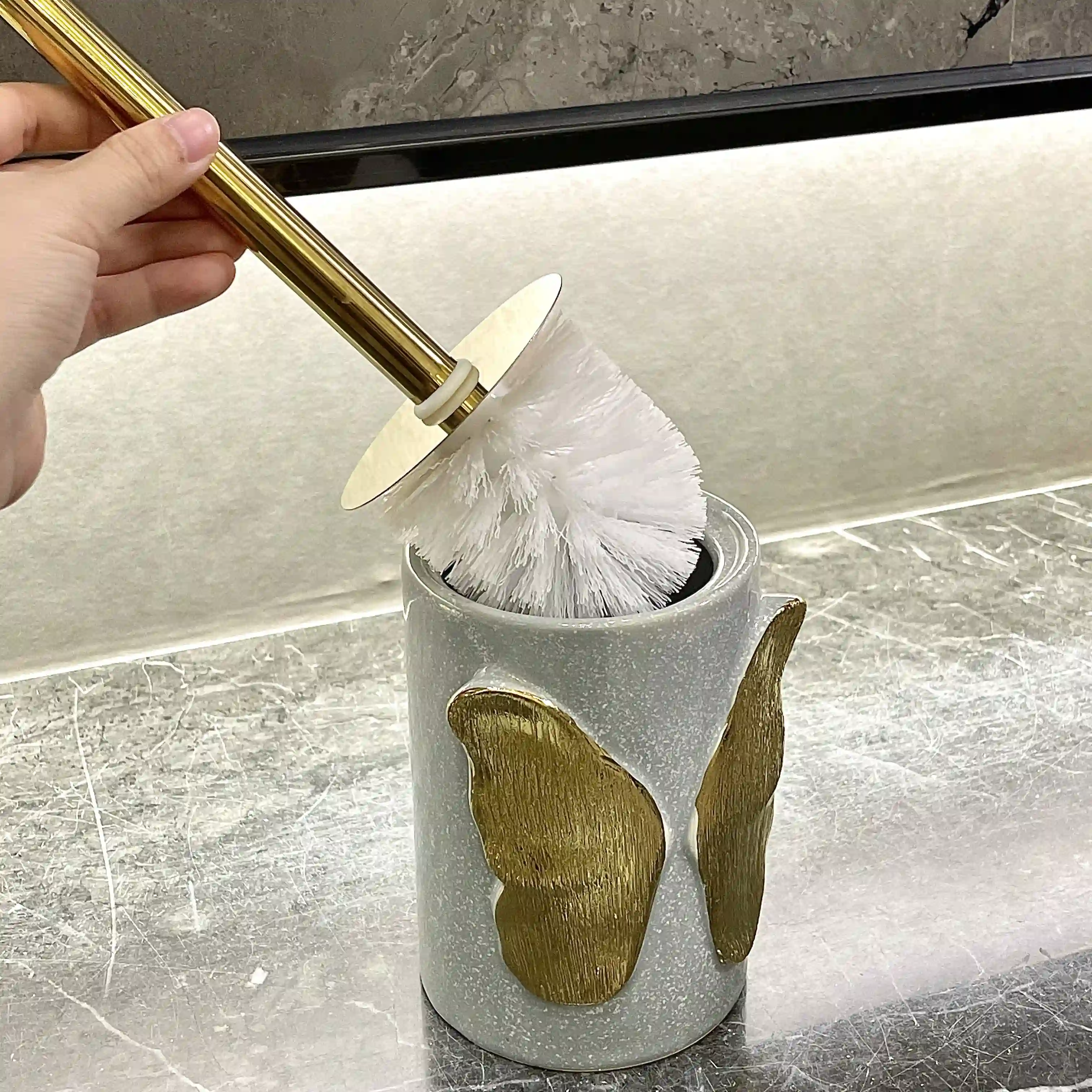 Toilet Brush Holder Wholesale Grey Ceramic Toilet Bowl Brush Set with Gold Butterfly (6)