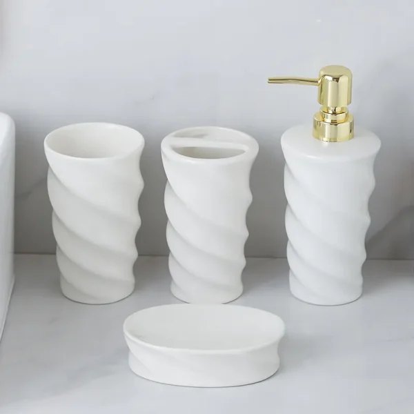 White Ceramic Bathroom Set Bulk 4-Piece Spiral Design with Gold Pump (1)