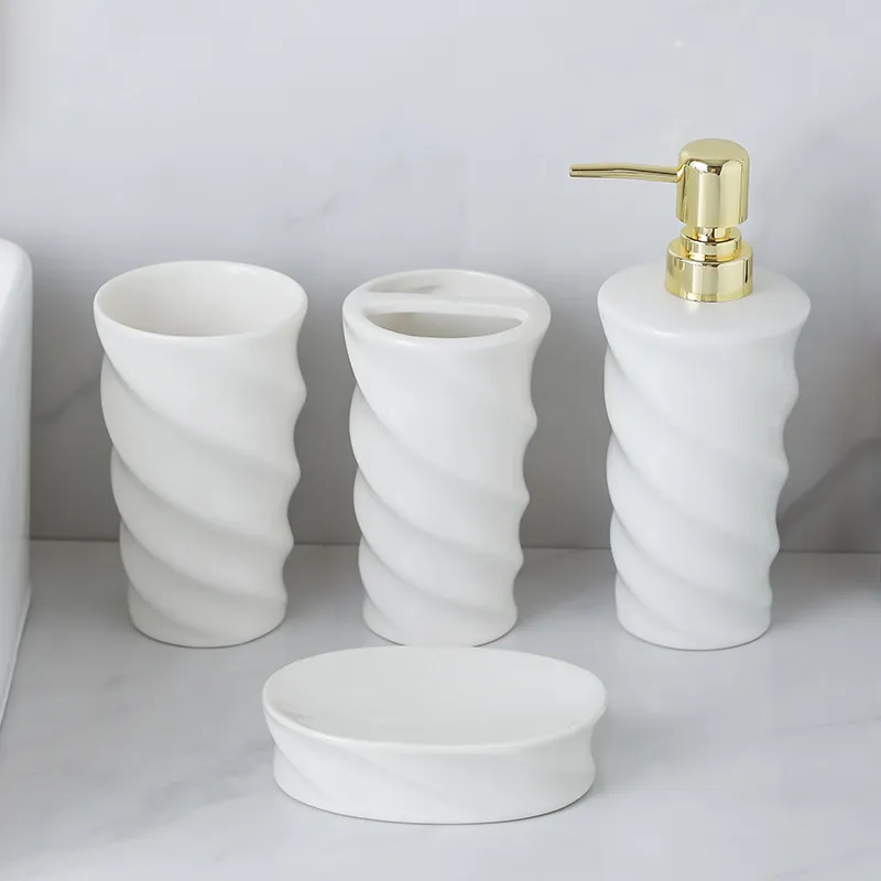 White Ceramic Bathroom Set Bulk 4-Piece Spiral Design with Gold Pump (1)