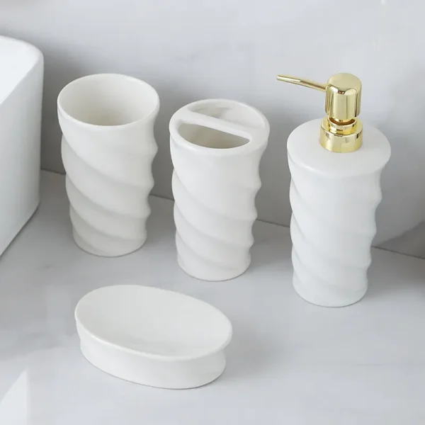 White Ceramic Bathroom Set Bulk 4-Piece Spiral Design with Gold Pump (2)