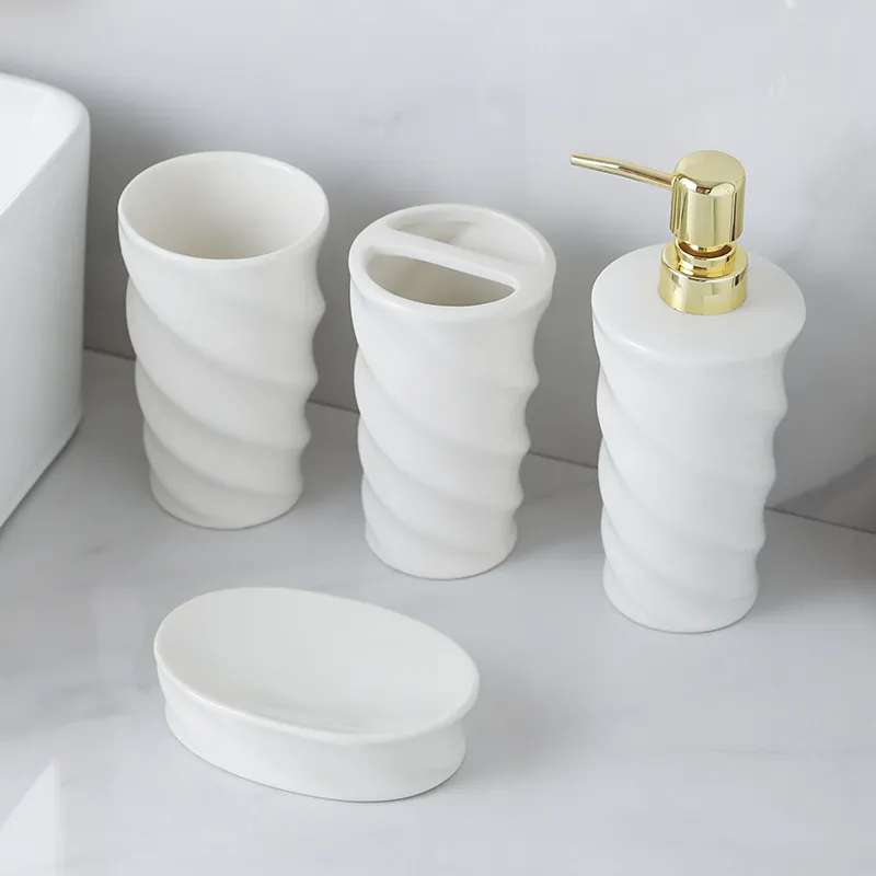 White Ceramic Bathroom Set Bulk 4-Piece Spiral Design with Gold Pump (2)