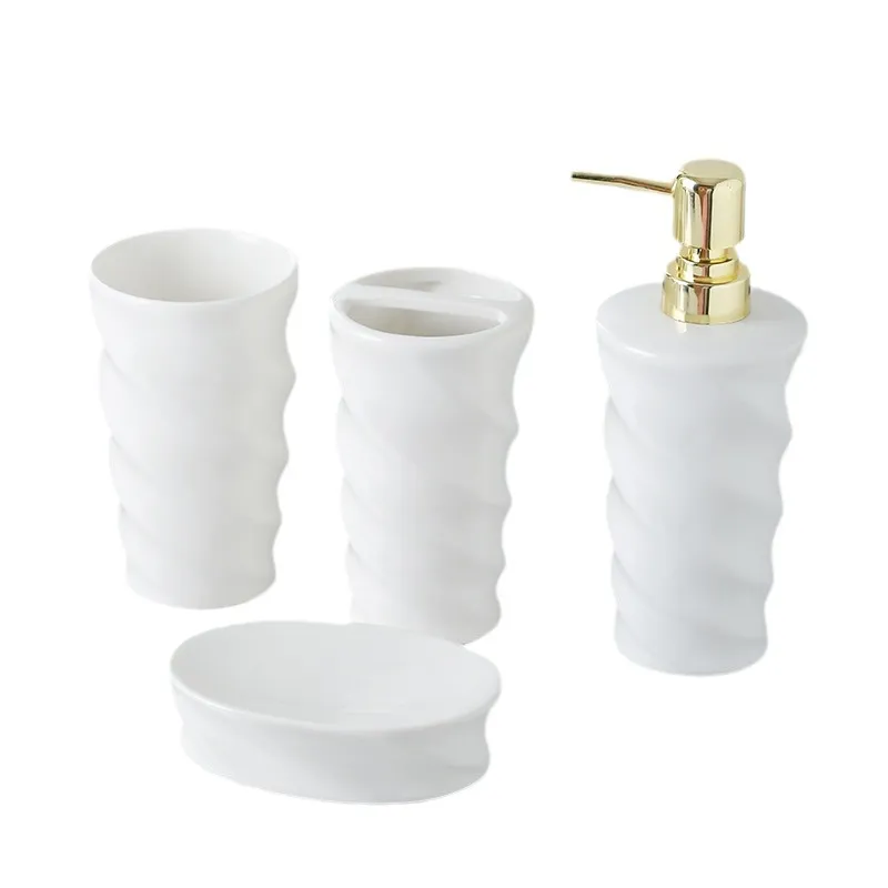 White Ceramic Bathroom Set Bulk 4-Piece Spiral Design with Gold Pump (3)