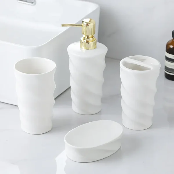 White Ceramic Bathroom Set Bulk 4-Piece Spiral Design with Gold Pump (4)