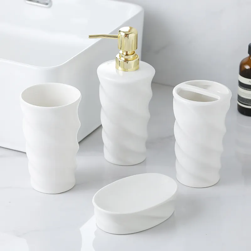 White Ceramic Bathroom Set Bulk 4-Piece Spiral Design with Gold Pump (4)