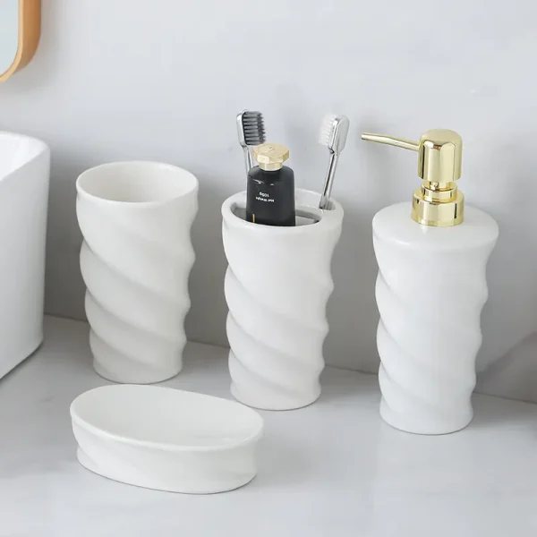 White Ceramic Bathroom Set Bulk 4-Piece Spiral Design with Gold Pump (5)