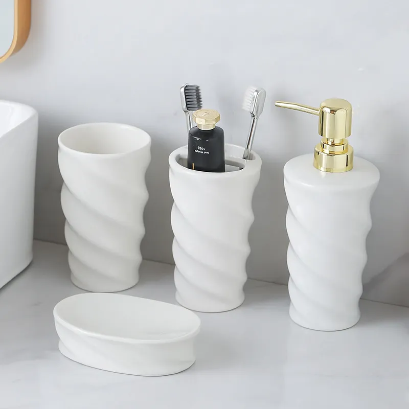 White Ceramic Bathroom Set Bulk 4-Piece Spiral Design with Gold Pump (5)