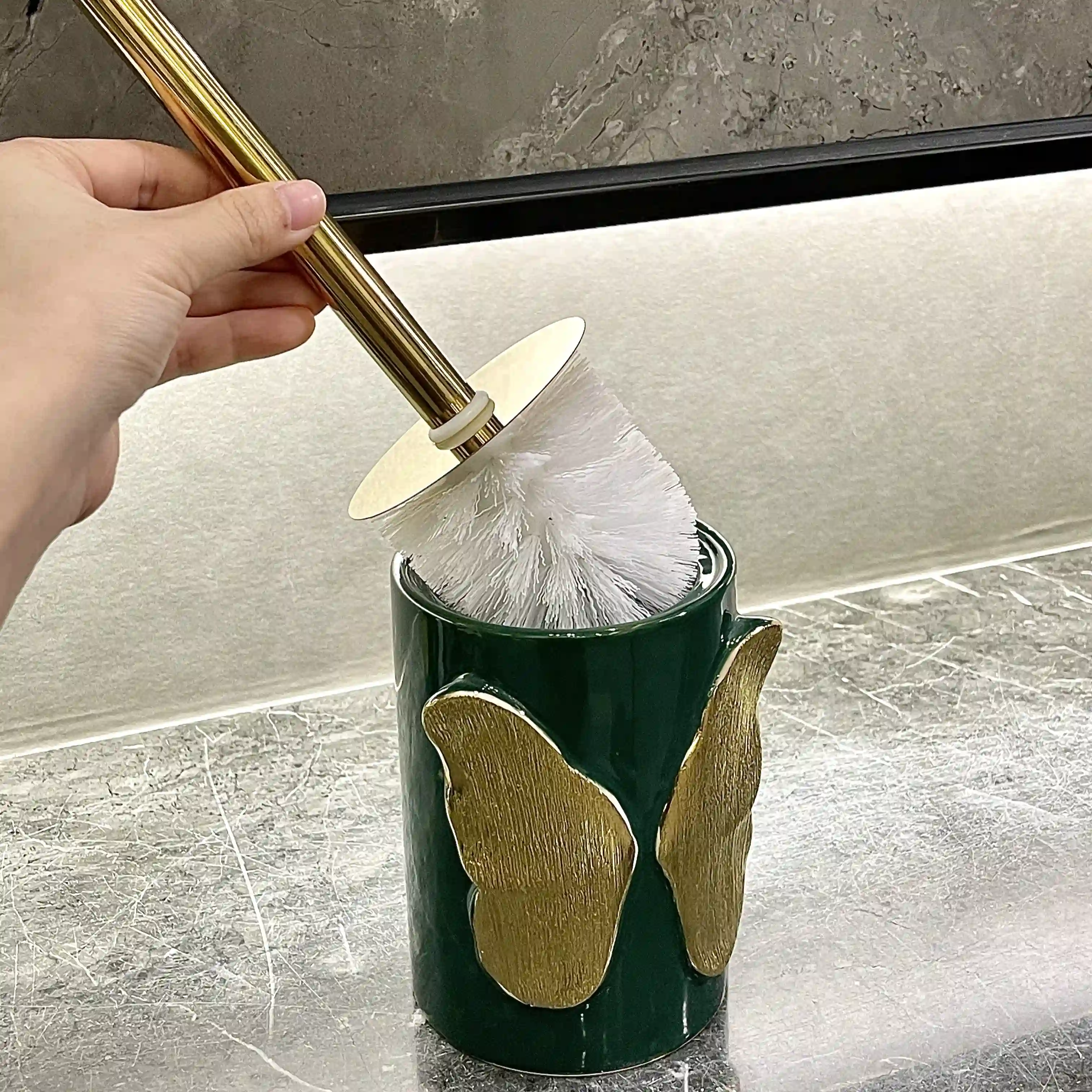 Wholesale Toilet Brush Set OEM Emerald Green Ceramic Bathroom Accessories (6)